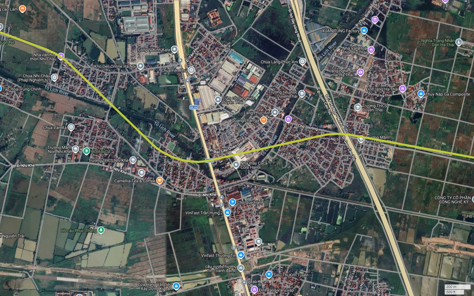 Vị trí ga trung chuyển tiềm năng của tuyến metro số 13 Hà Nội tại km 45,4 ở Quán Gánh, nơi cắt Quốc lộ 1A
